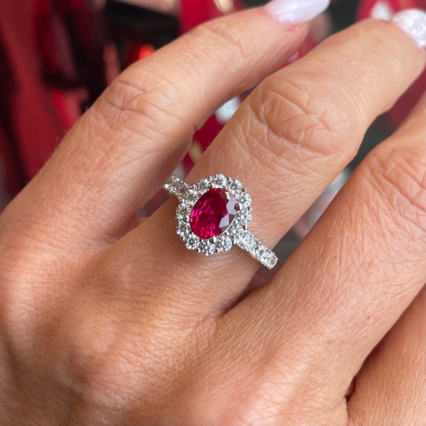 Silver Oval Diana Cluster Ring with Shoulders | Ruby Red