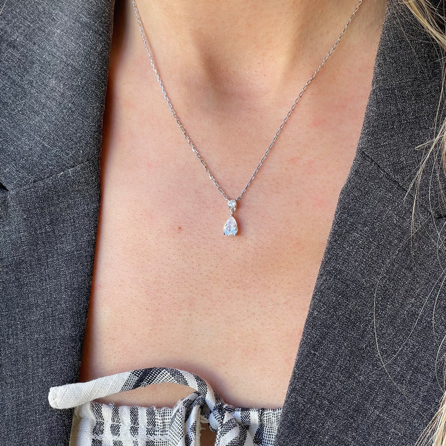 Silver Pear CZ Drop Necklace by Comero featuring a pear-shaped cubic zirconia pendant on a 40+5cm chain