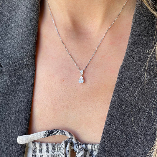Silver Pear CZ Drop Necklace by Comero featuring a pendant with cubic zirconia, 40+5cm chain, elegant jewelry accessory