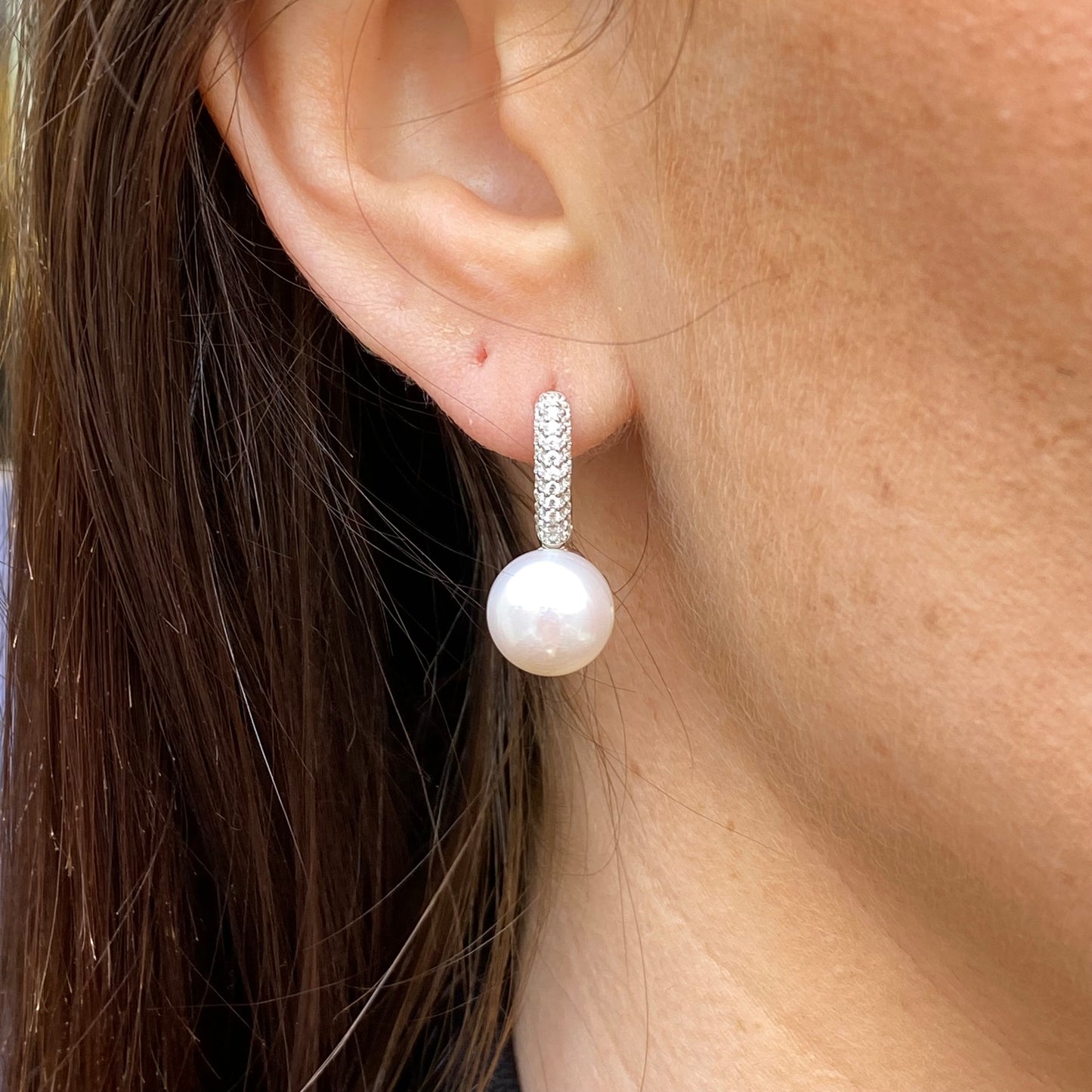 Silver CZ & 10mm Freshwater Pearl Hoop Earrings