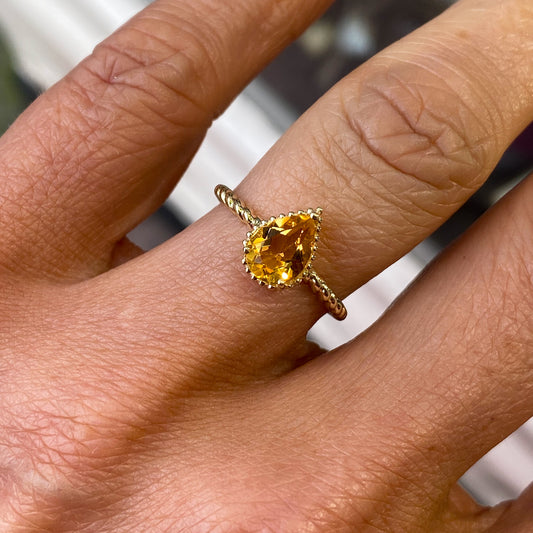 9ct Gold Braided Pear Ring - Citrine