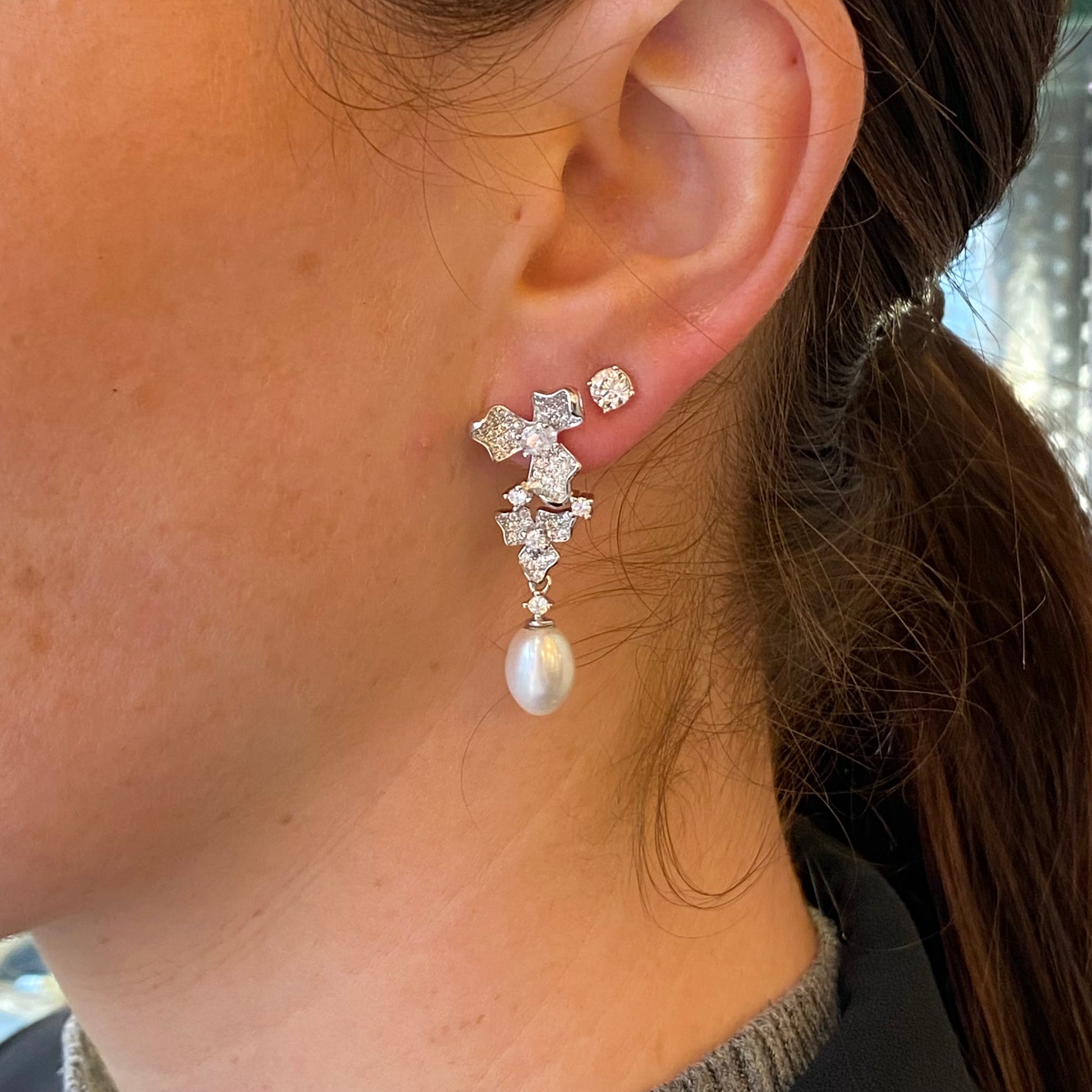 Silver 8x10mm Freshwater Pearl & CZ Floral Drop Earrings - John Ross Jewellers