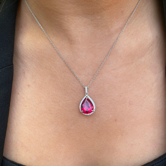 Silver CZ Pear Halo Necklace | Ruby Red