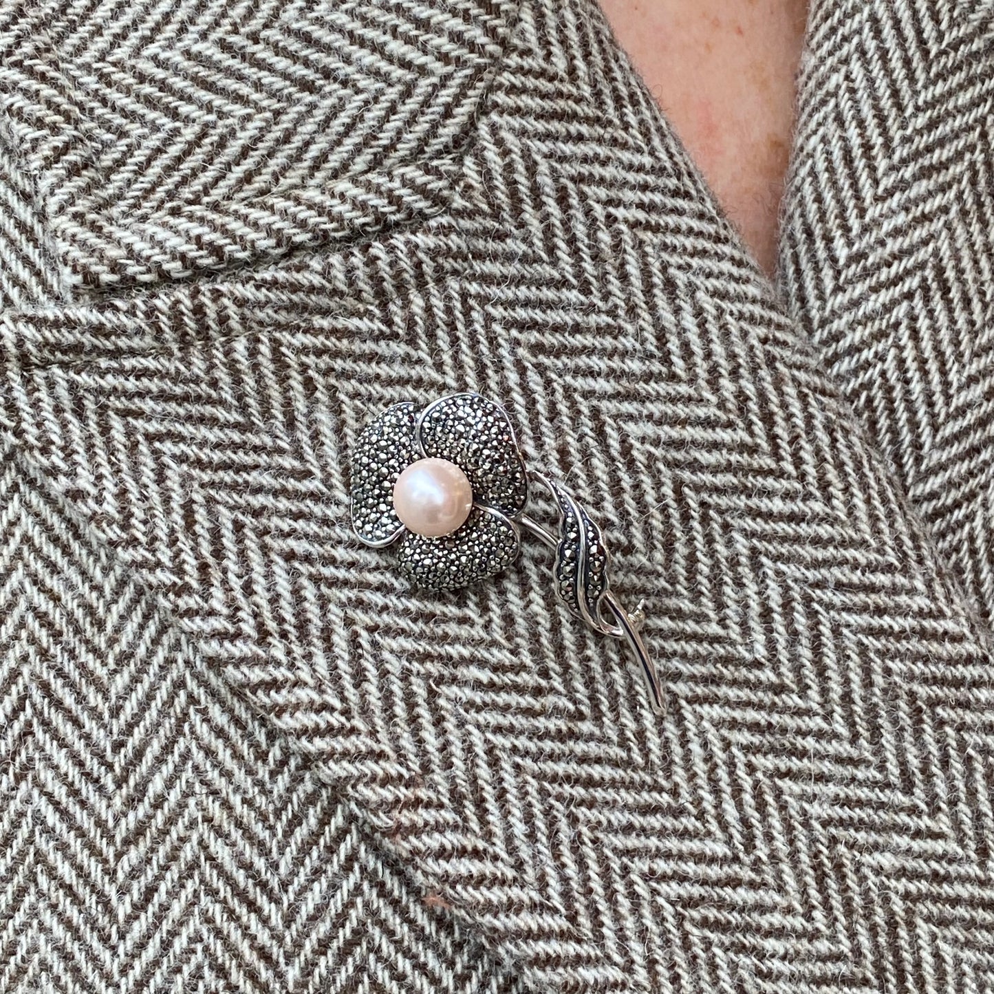 Silver Marcasite & Pearl Flower Brooch - John Ross Jewellers