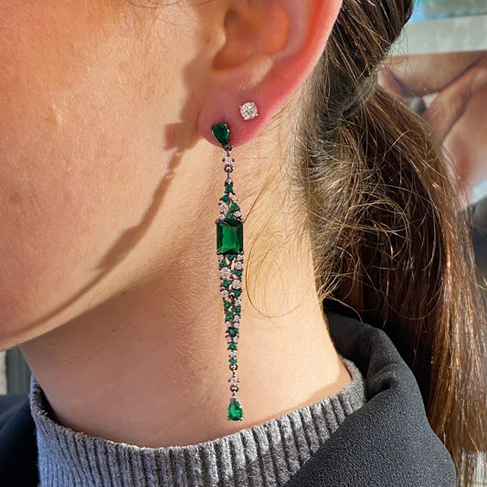 Silver Deco Drop Earrings | Black Rhodium & Emerald Green - John Ross Jewellers