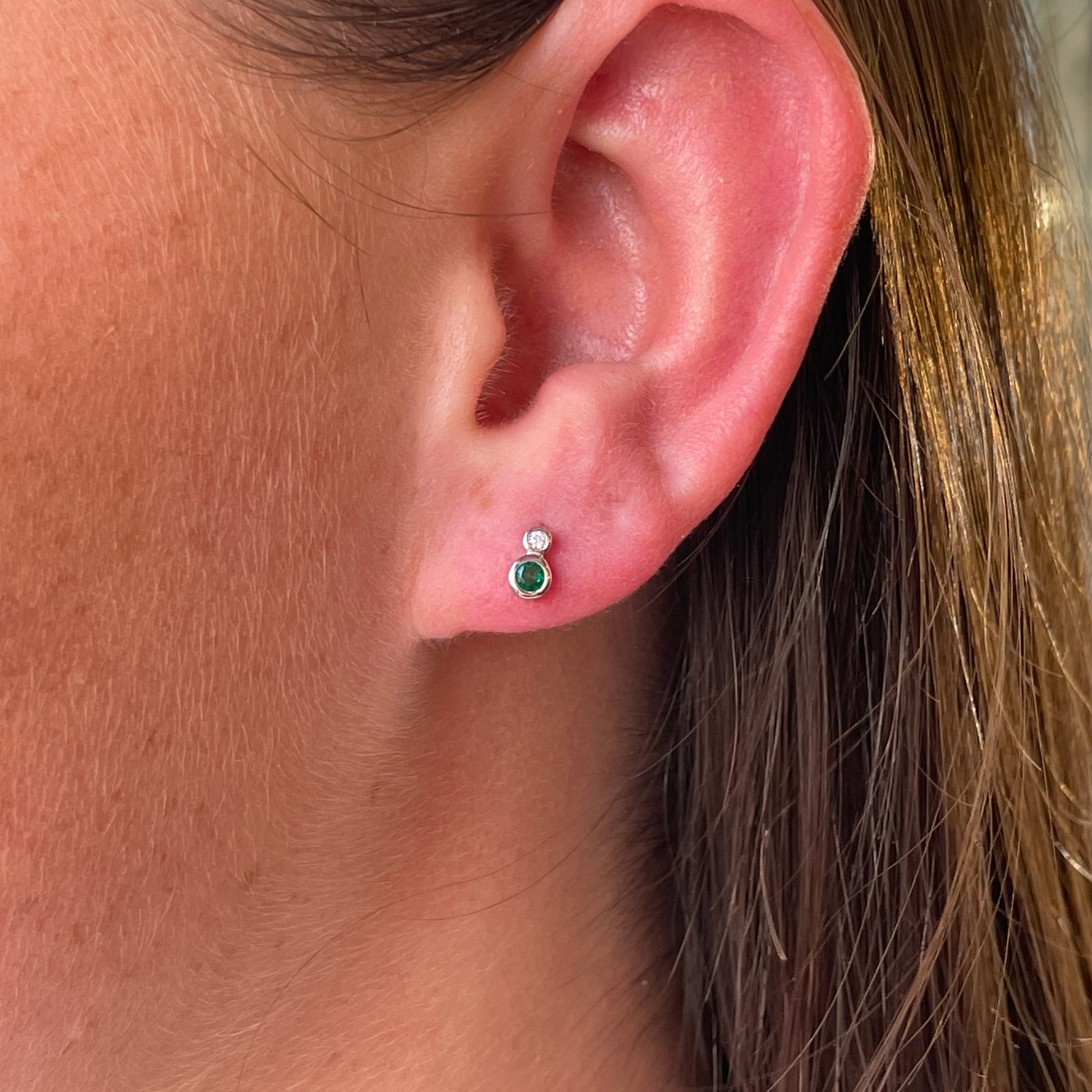 Silver Double Bezel CZ Stud Earrings | Emerald Green - John Ross Jewellers