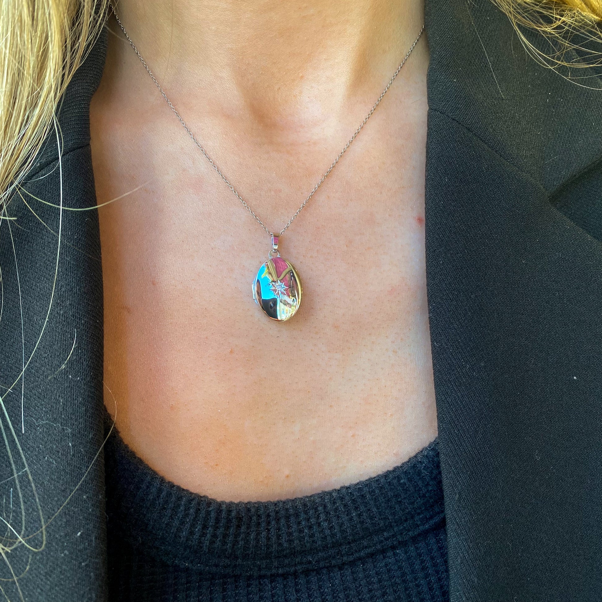 9ct White Gold Oval Diamond Set Locket & Chain - John Ross Jewellers