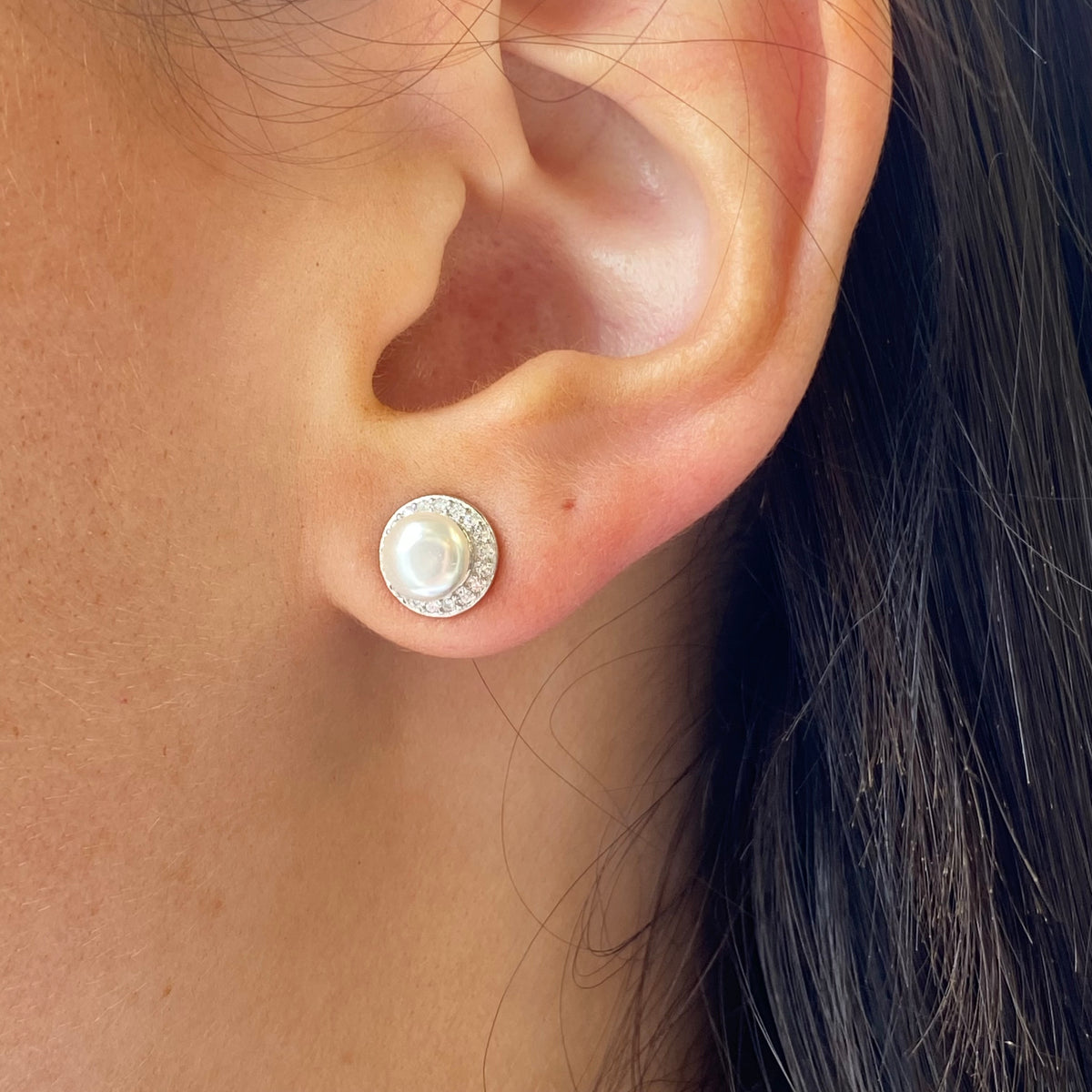 Silver Freshwater Pearl & CZ Halo Stud Earrings