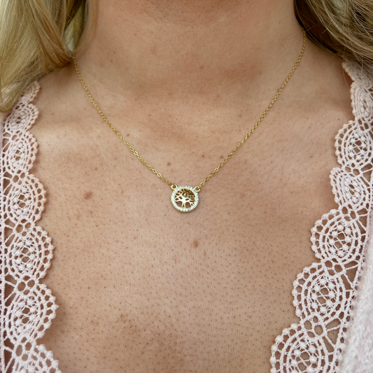 Sunshine CZ Tree of Life necklace by Comero featuring a pendant with sparkling cubic zirconia and a 42+3cm chain.