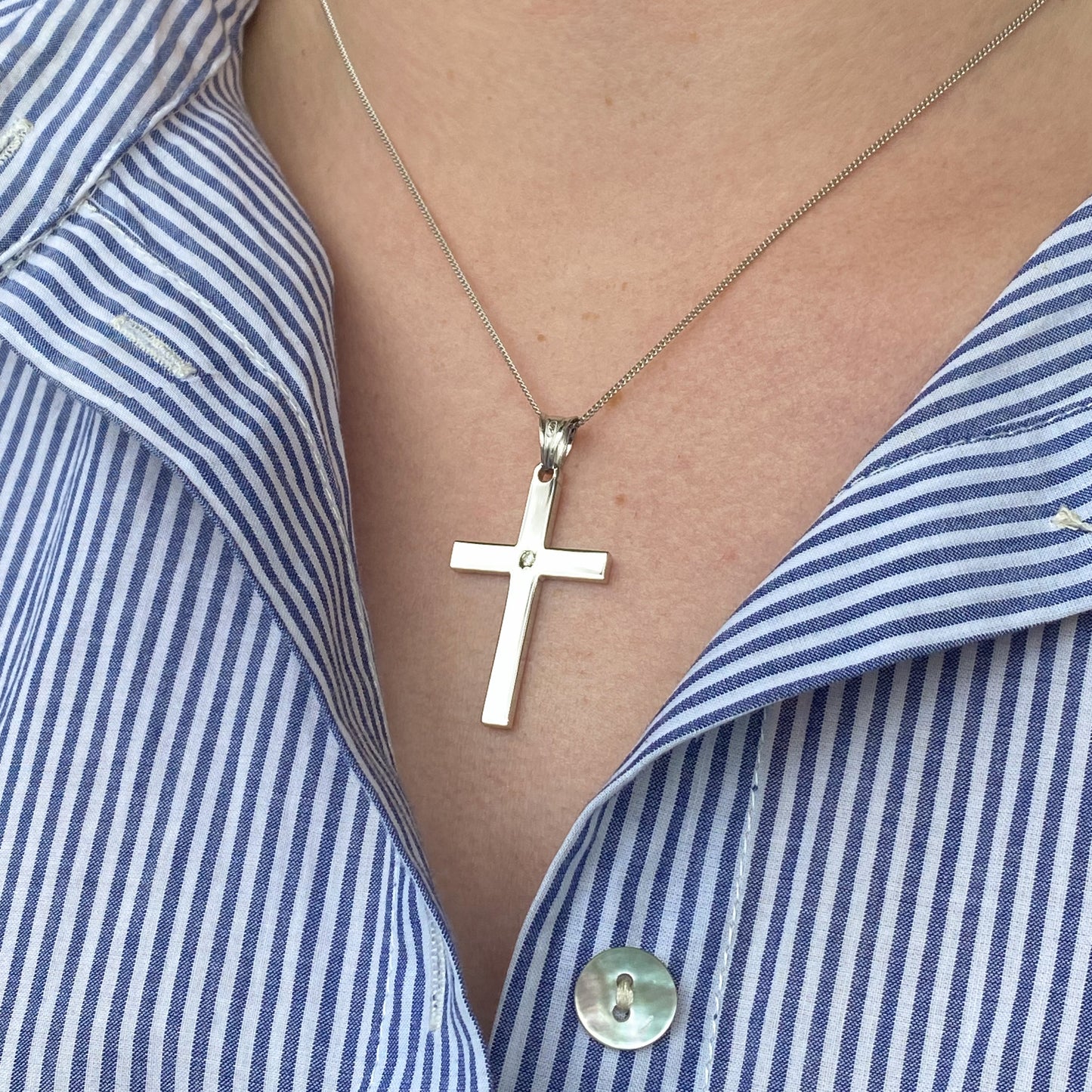 Silver CZ Set Block Cross Necklace | Reversible | Large