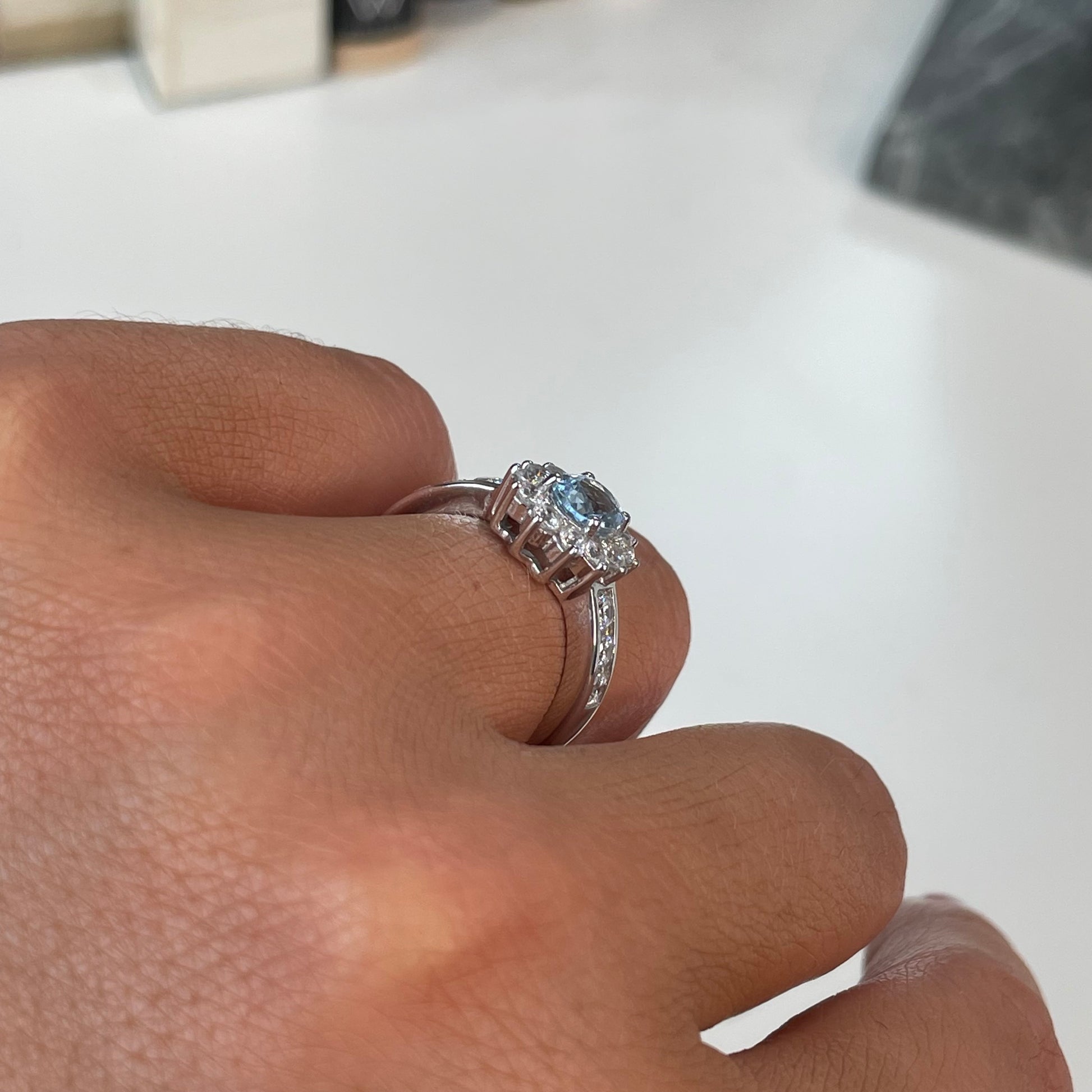 Silver Aqua CZ Diana Ring with Shoulders - John Ross Jewellers