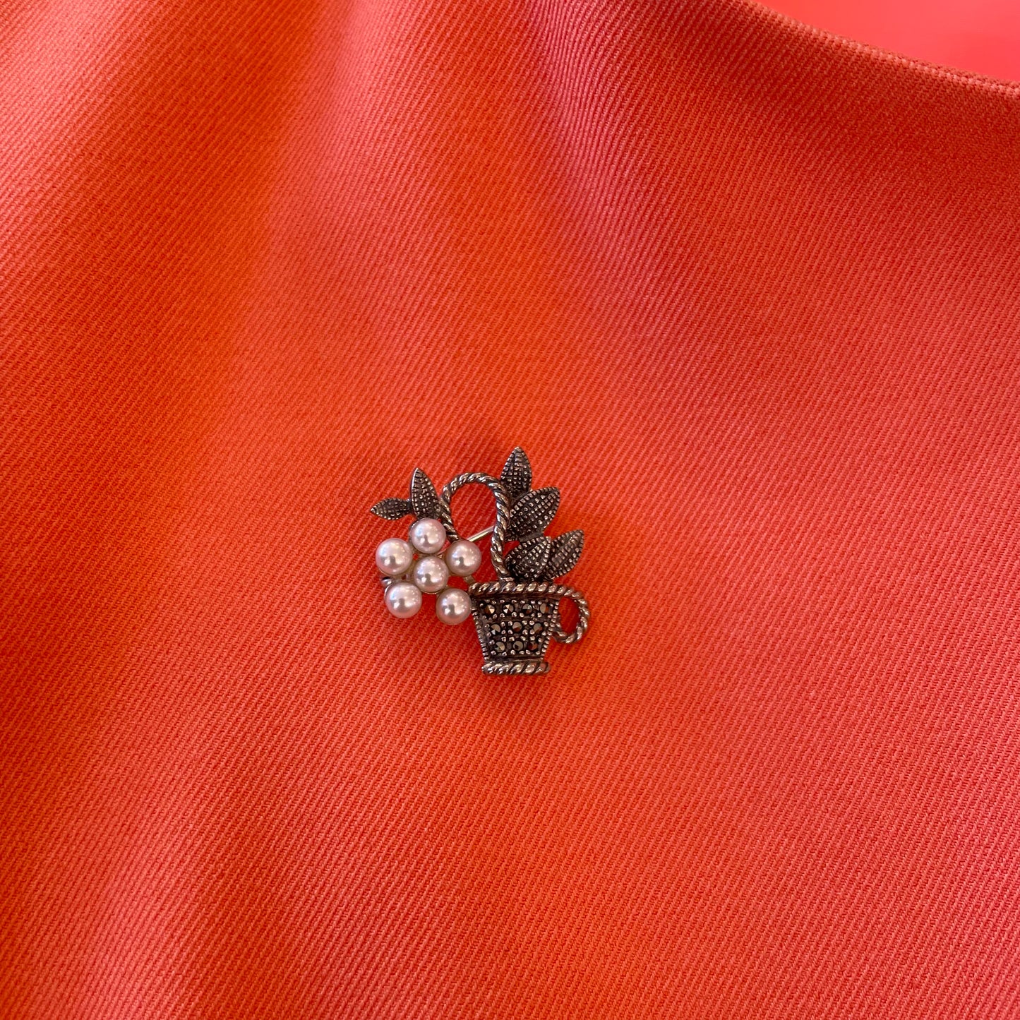 Silver Marcasite & Pearl Flower Pot Brooch - John Ross Jewellers