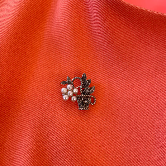Silver Marcasite & Pearl Flower Pot Brooch - John Ross Jewellers