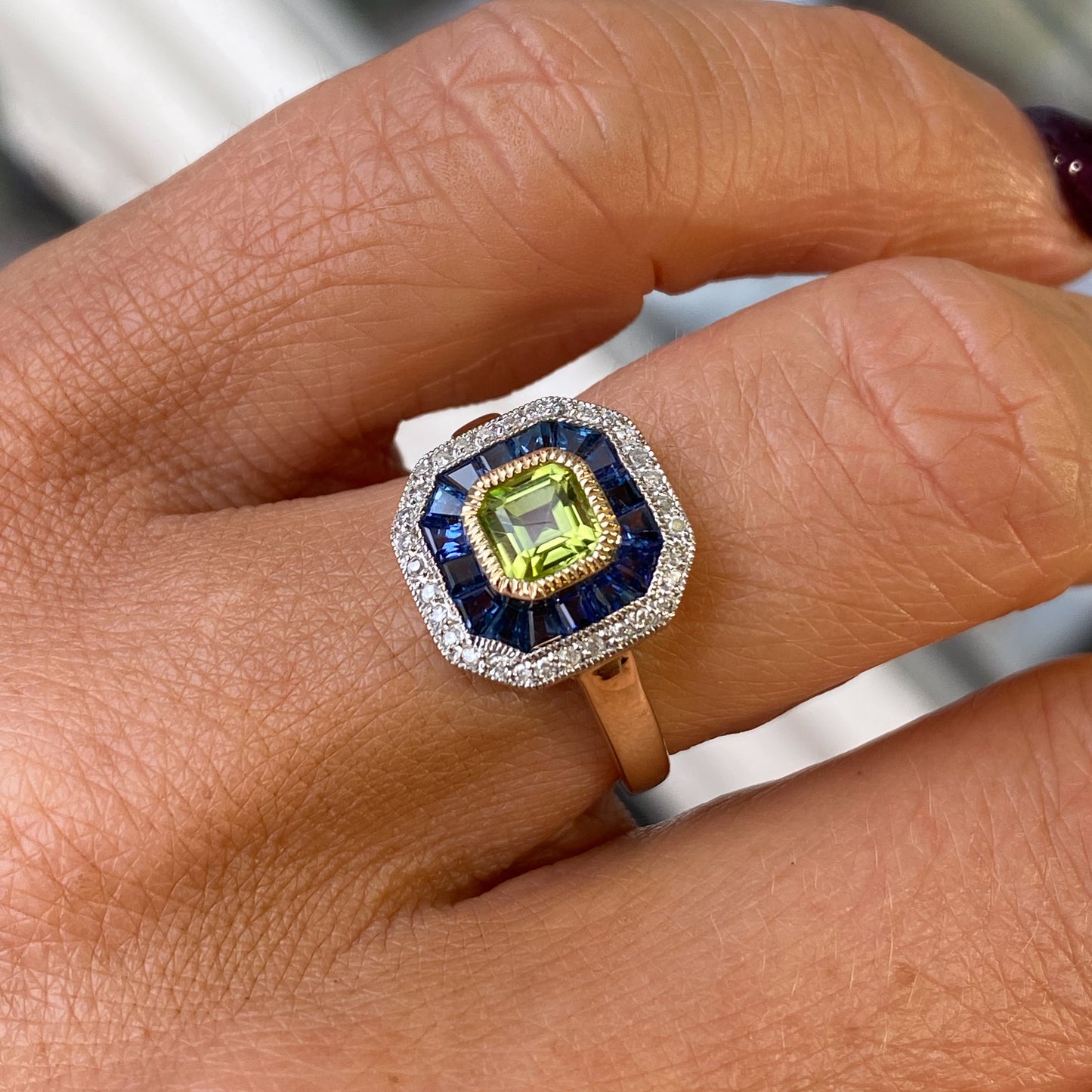 9ct Gold Peridot, Sapphire & Diamond Ring