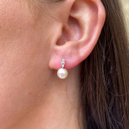 9ct White Gold Pearl & CZ Drop Earrings