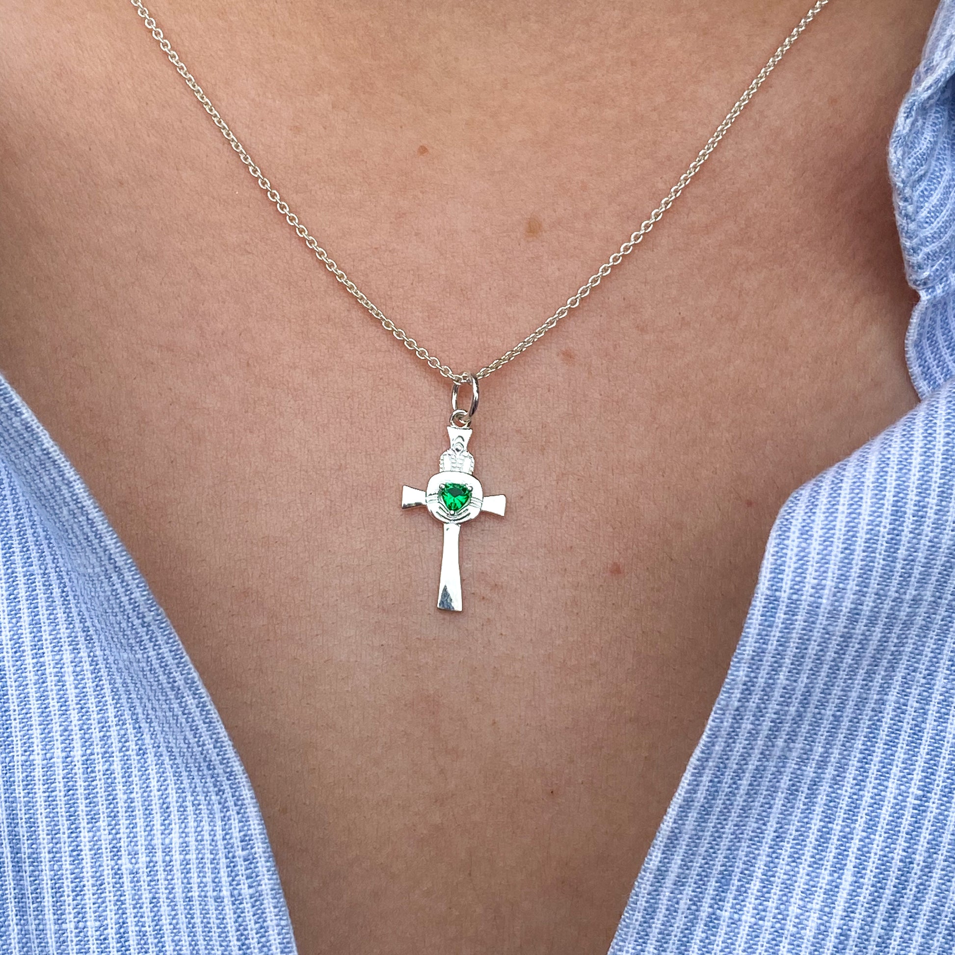 Silver Green CZ Claddagh Celtic Cross Necklace | Small - John Ross Jewellers