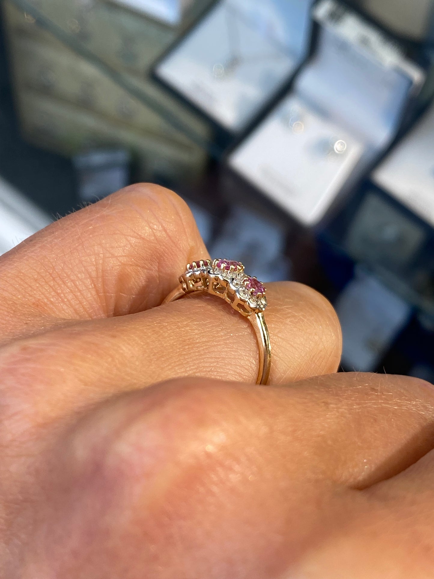 9ct Gold Pink Sapphire & Diamond Trilogy Ring - John Ross Jewellers