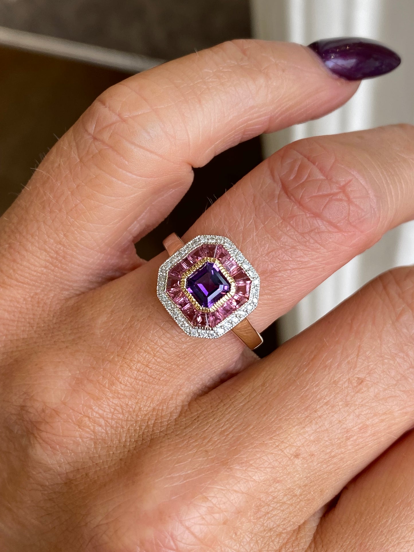 9ct Gold Amethyst, Pink Tourmaline & Diamond Ring