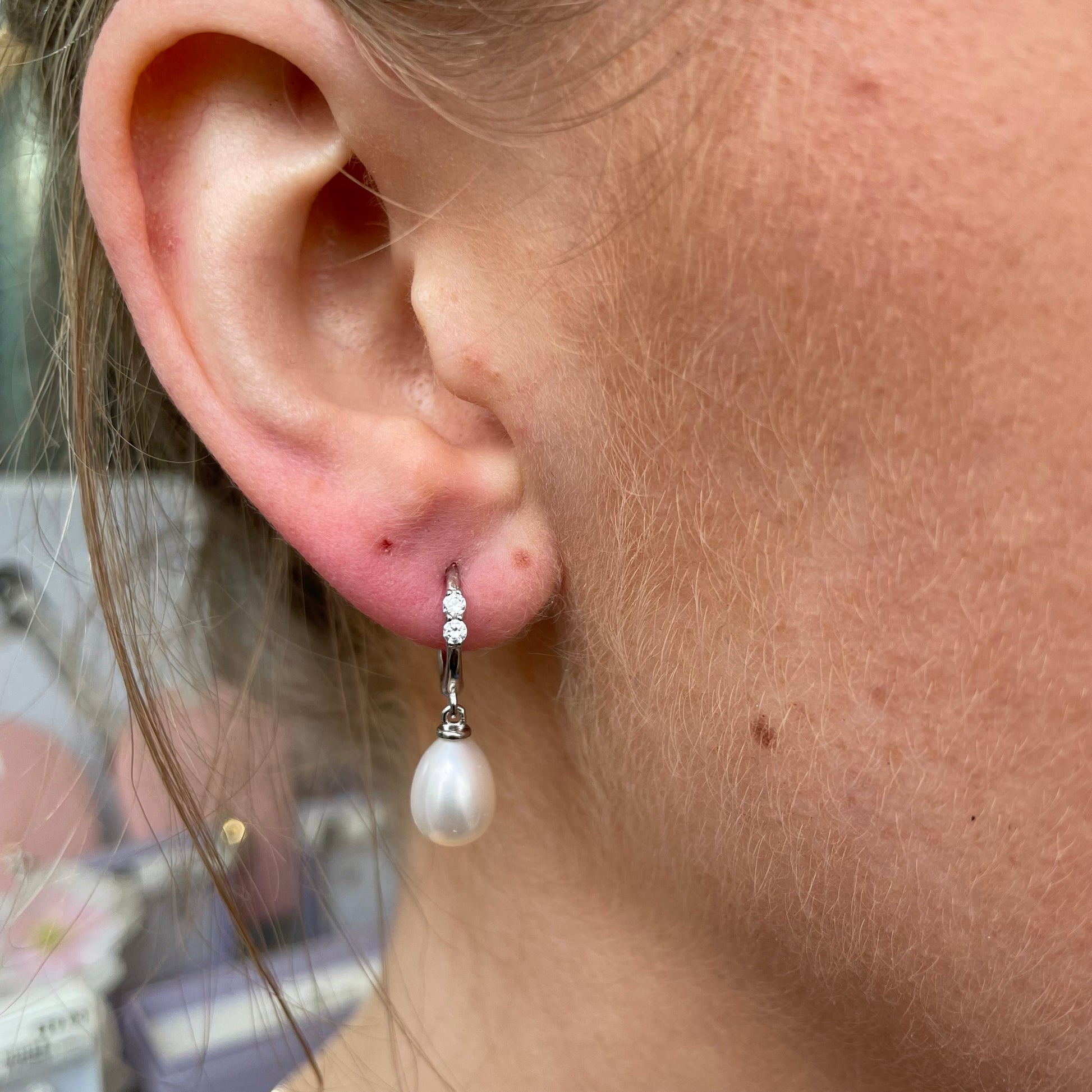 Silver CZ & 7.5x10mm Freshwater Pearl Hoop Earrings - John Ross Jewellers