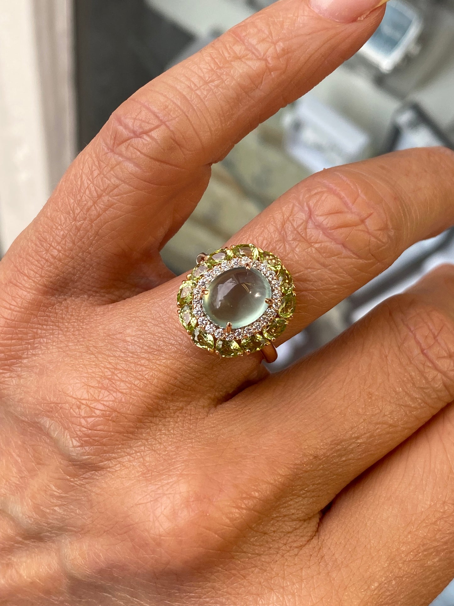 18ct Gold Prehnite, Peridot & Diamond Ring - John Ross Jewellers