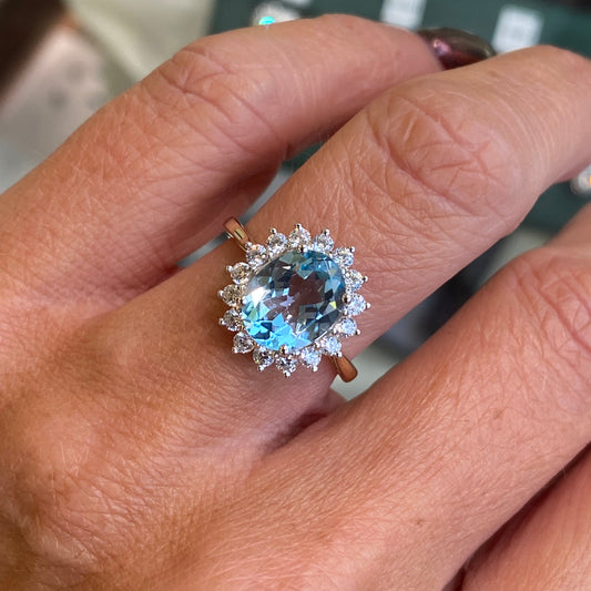 9ct Gold Cluster Ring - Sky Blue Topaz & CZ