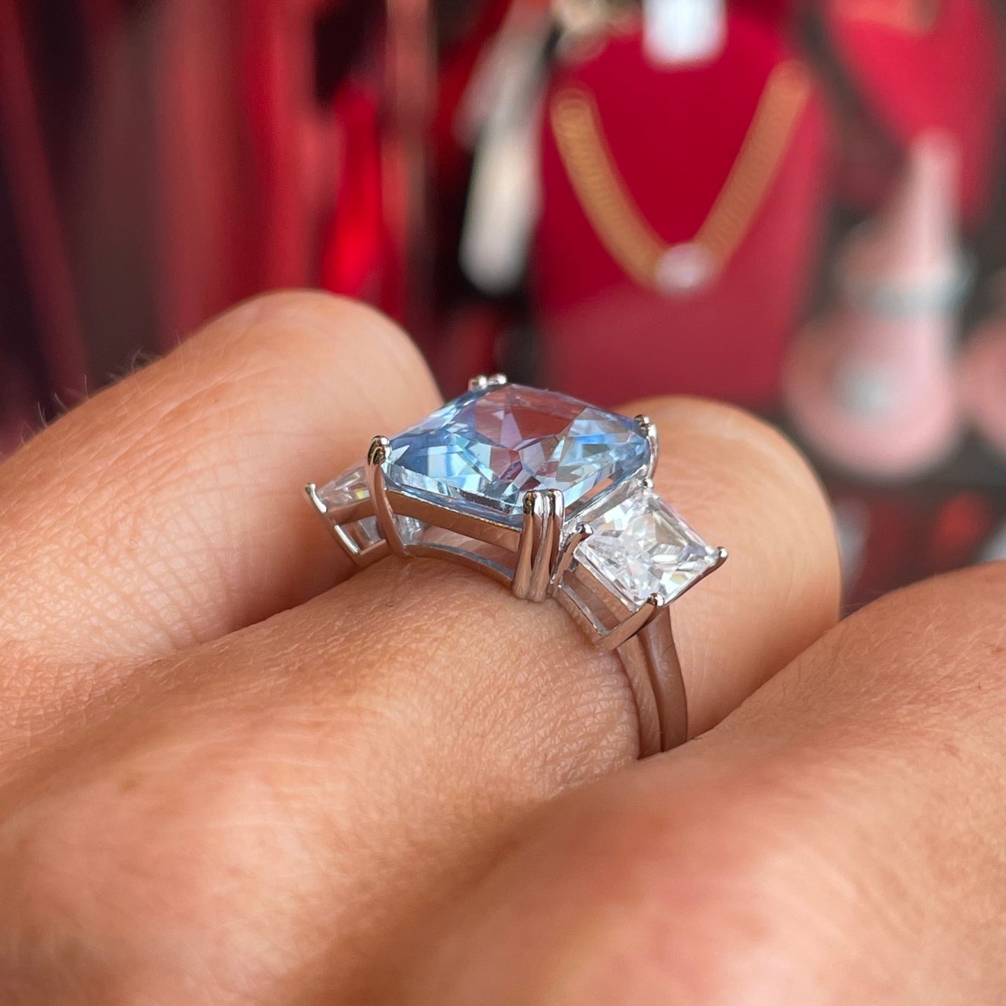 Silver Statement CZ Trilogy Ring | Aqua Blue