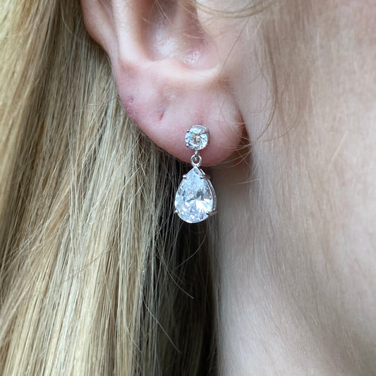 Silver CZ Pear Cut Drop Earrings