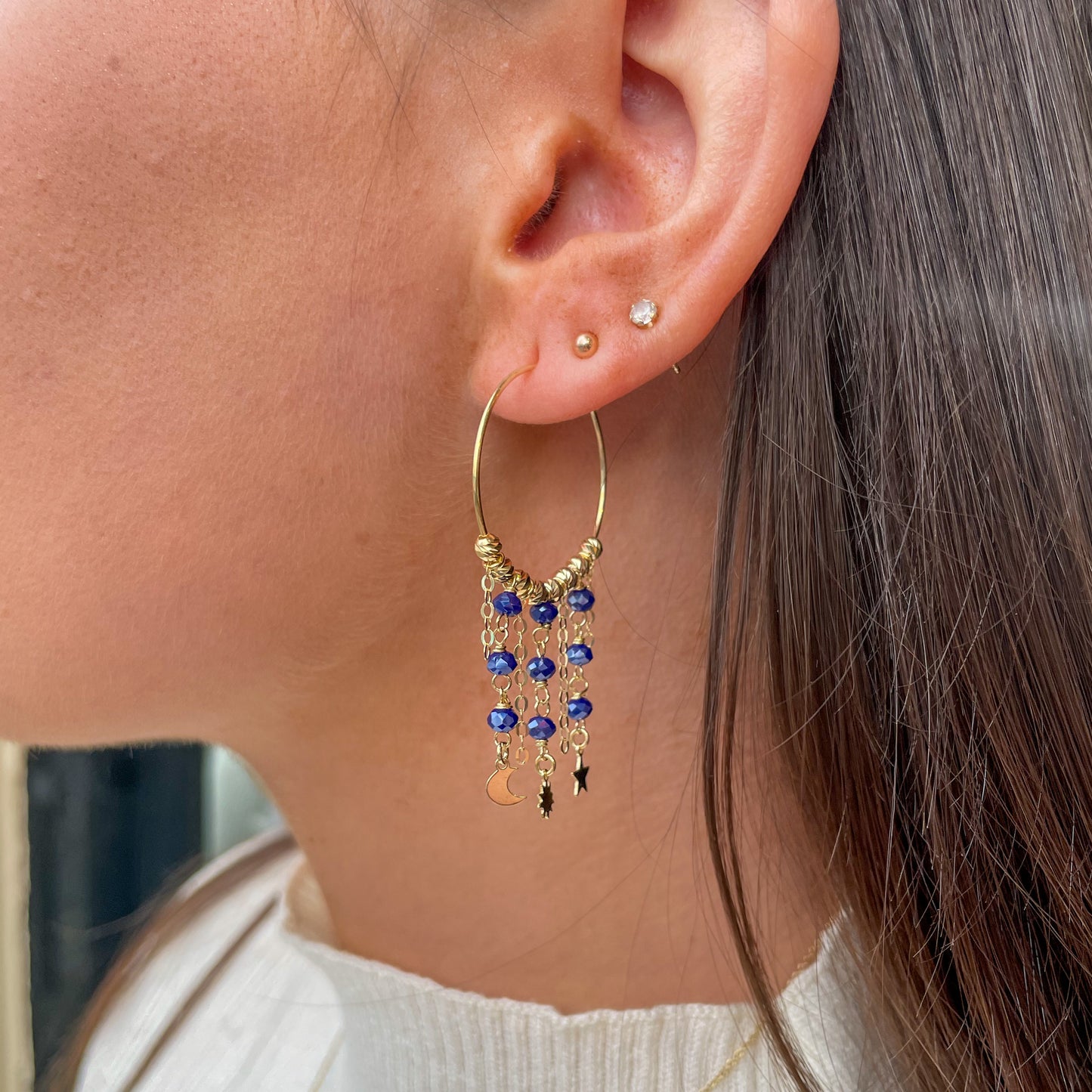 Sunshine Blue Crystal Sun, Moon & Star Hoop Earrings | 30mm - John Ross Jewellers