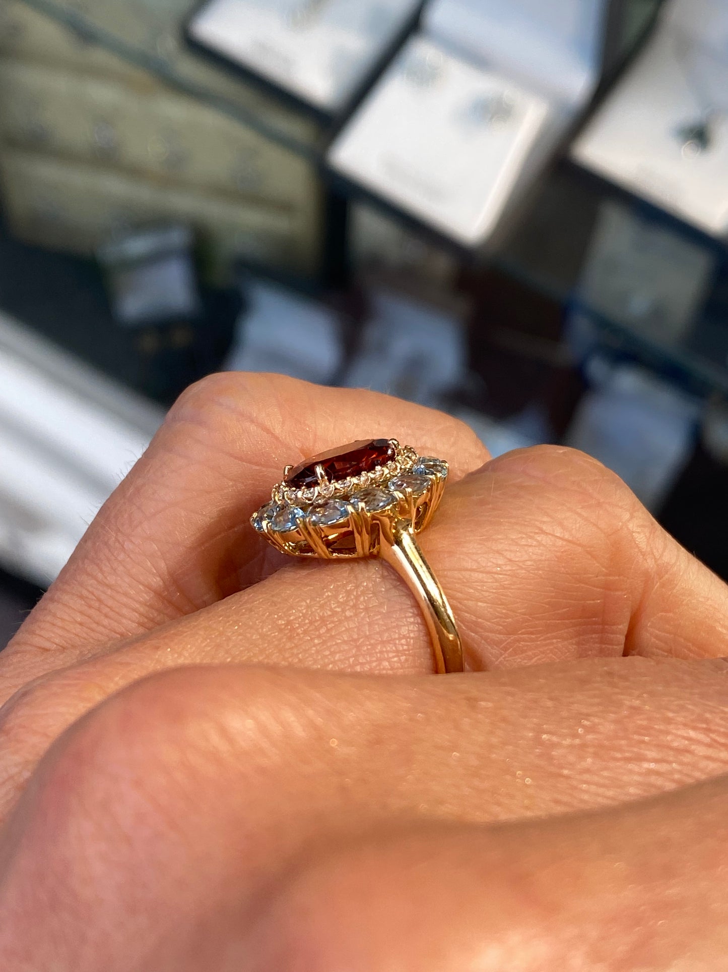 18ct Gold Spessartite Garnet, Aquamarine & Diamond Ring - John Ross Jewellers