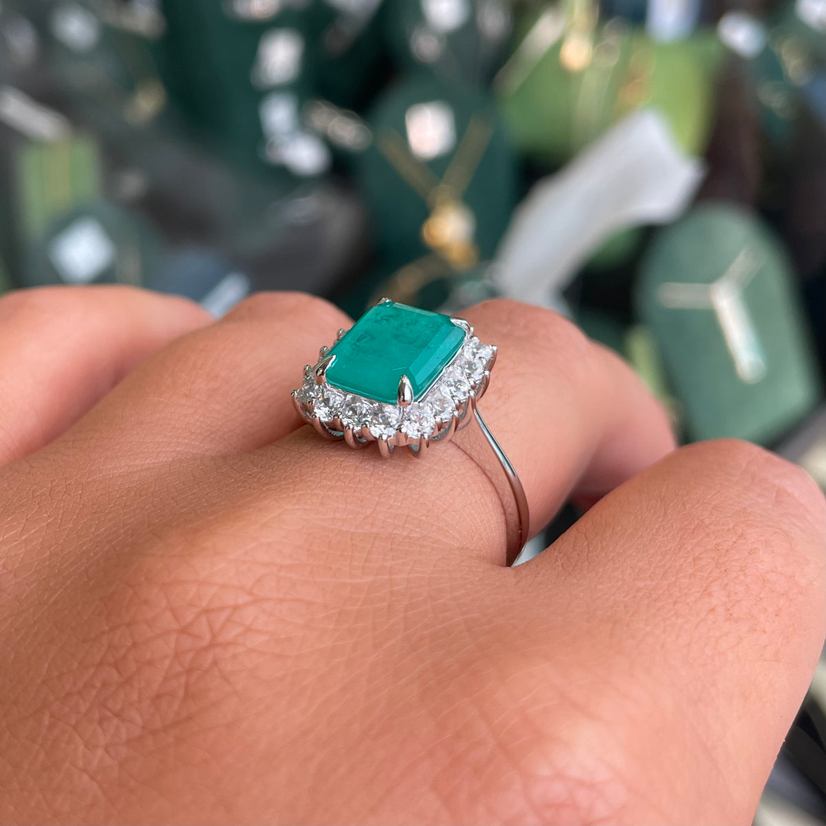 Silver Emerald Cut CZ Cluster Ring | Paraiba