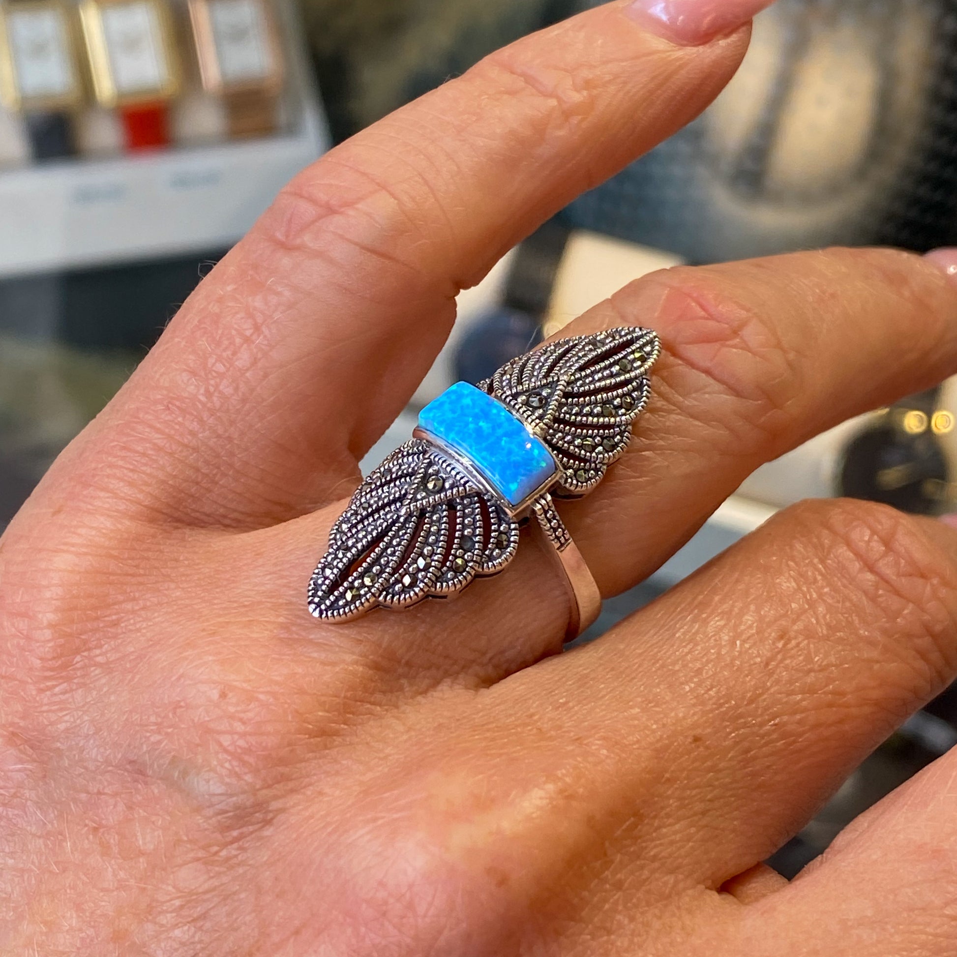 Silver Marcasite & Blue Opalique Winged Ring - John Ross Jewellers