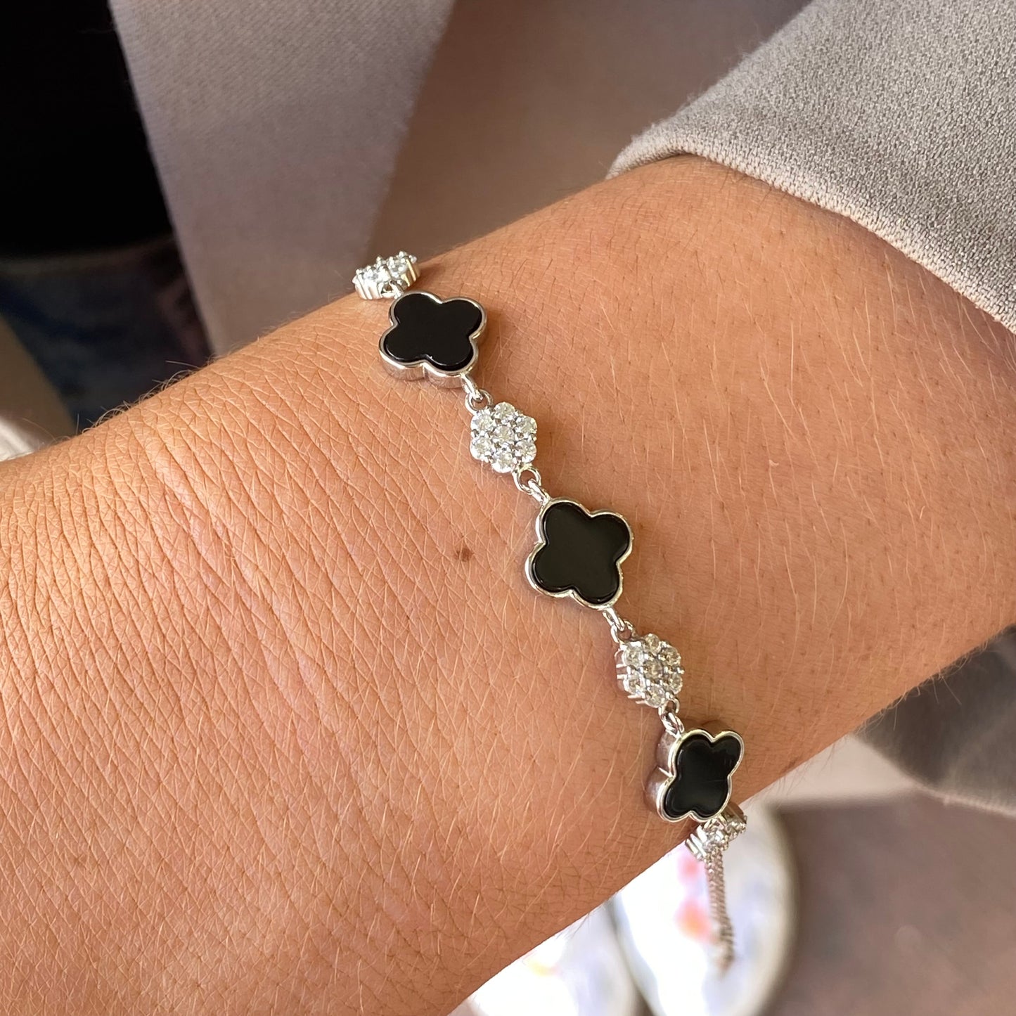 Silver CZ Bracelet | Onyx Quatrefoil