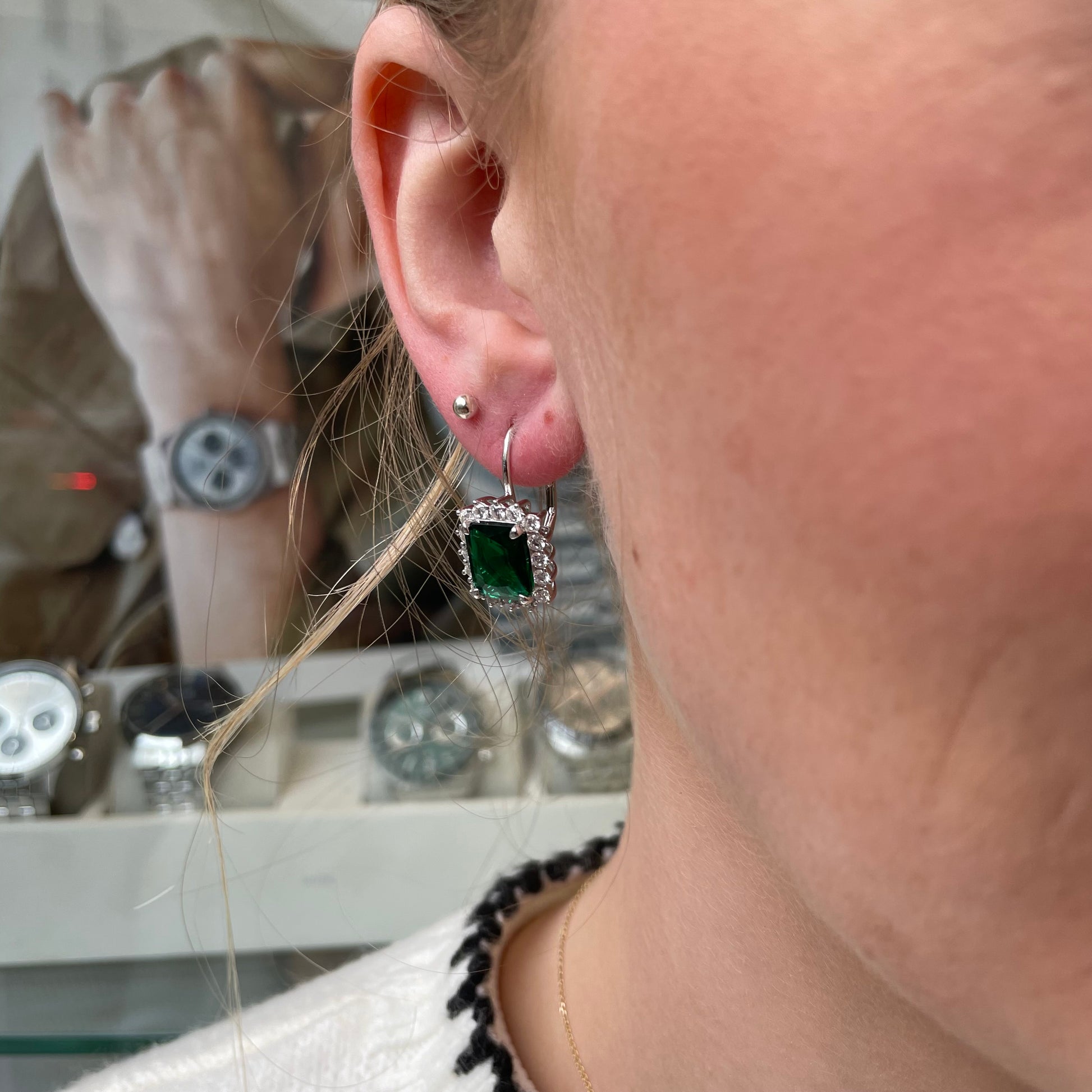 Silver Green CZ Emerald Cut Cluster Stud Earrings - John Ross Jewellers