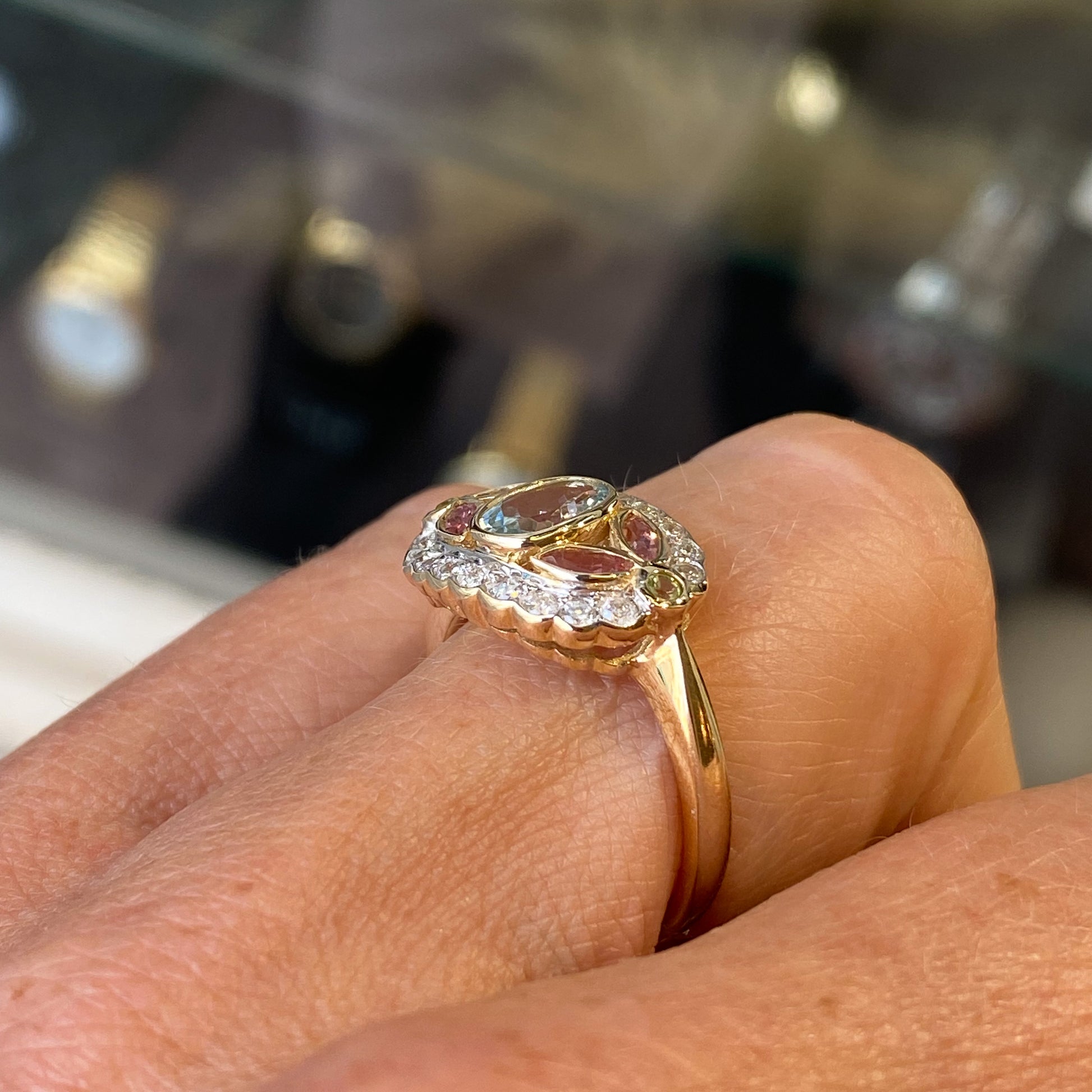 9ct Gold Aquamarine, Pink Tourmaline, Peridot & Diamond Ring - John Ross Jewellers
