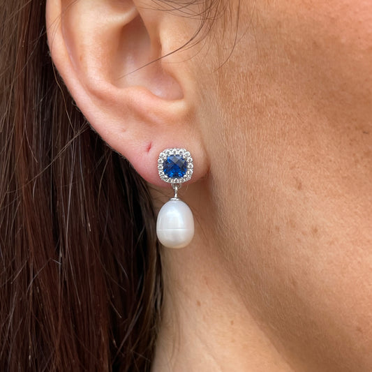Silver Blue CZ & 9x11mm Freshwater Pearl Drop Earrings