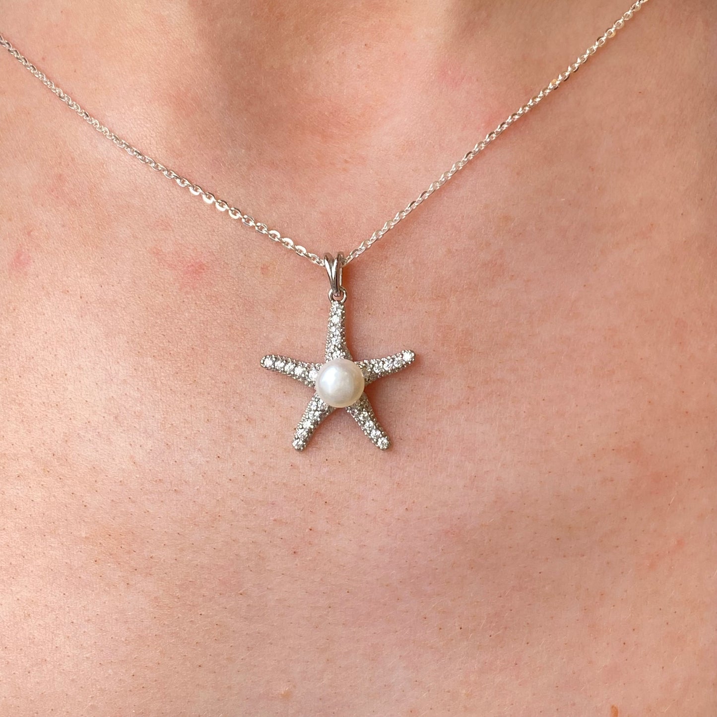 Silver 6mm Freshwater Pearl & CZ Starfish Necklace | 18" - John Ross Jewellers