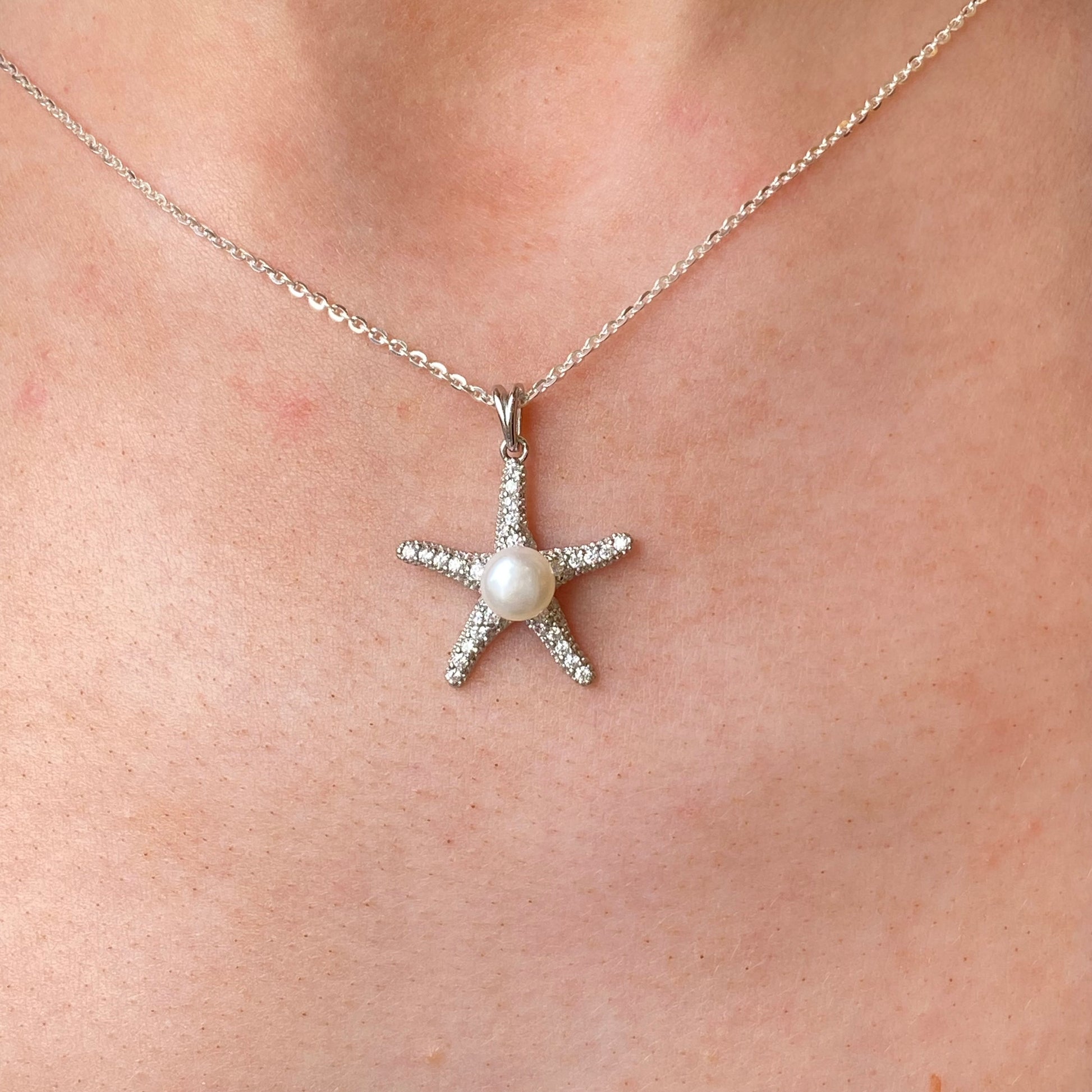 Silver 6mm Freshwater Pearl & CZ Starfish Necklace | 18" - John Ross Jewellers