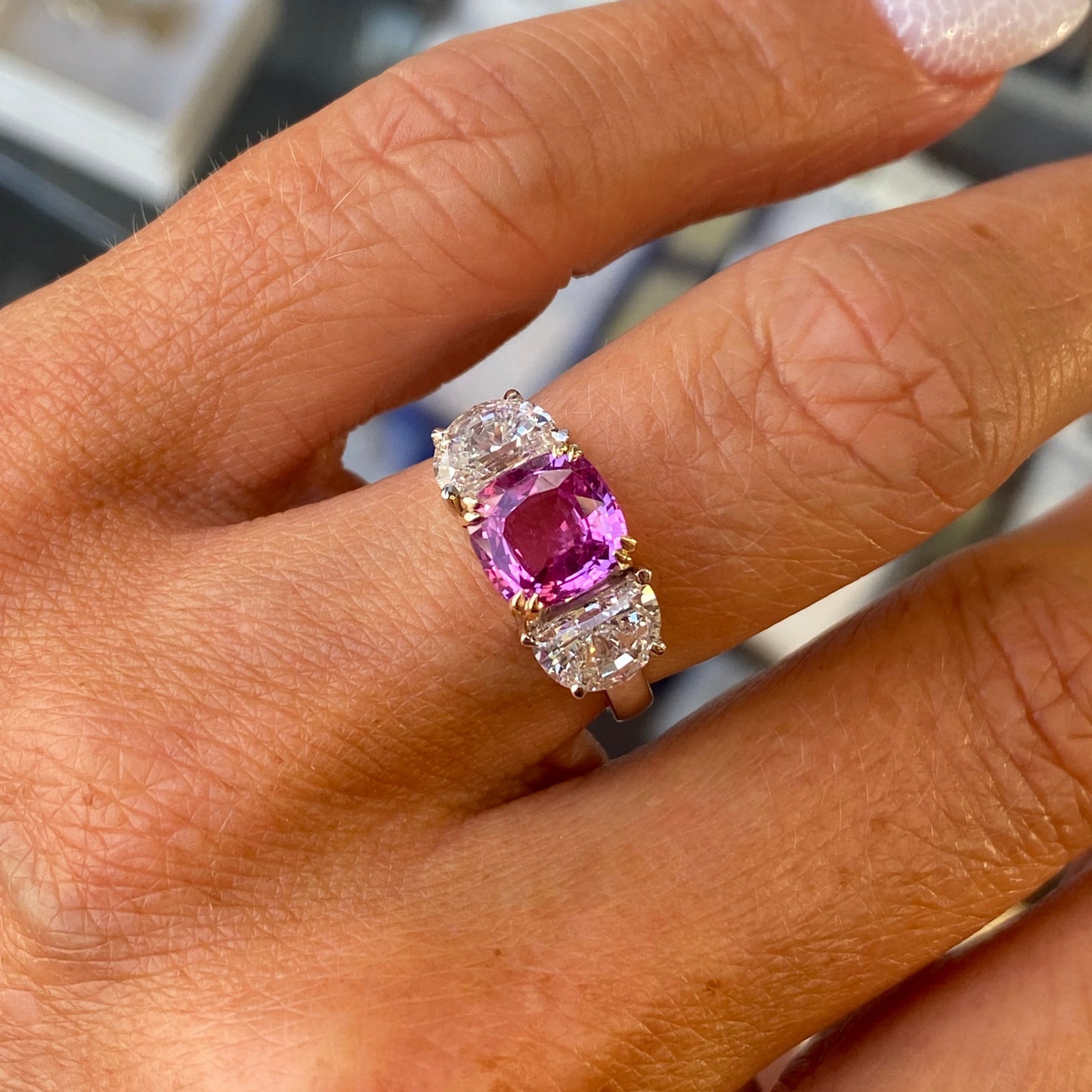 18ct White Gold Pink Sapphire & Half Moon Trilogy Ring | Certificated - John Ross Jewellers