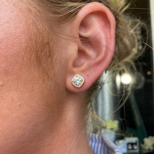Sunshine CZ Halo Stud Earrings | Cushion