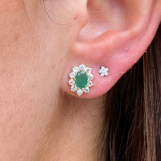 9ct Gold Emerald & CZ Oval Stud Earrings
