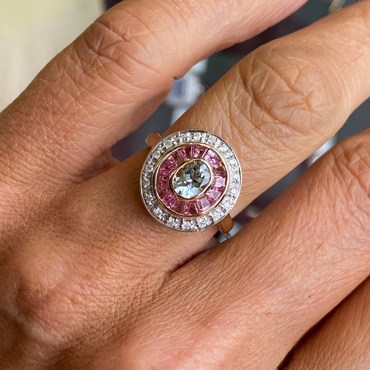 9ct Gold Aquamarine, Pink Tourmaline & Diamond Ring