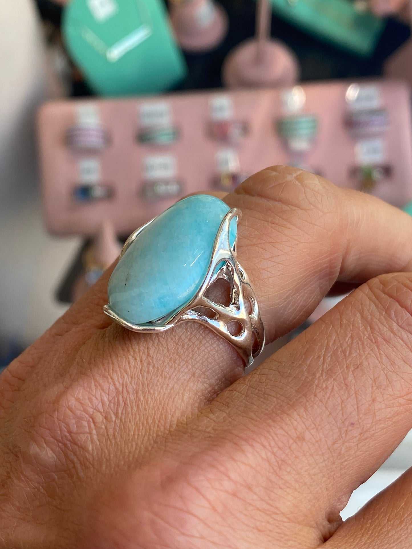 Silver Amazonite Nugget Ring by Bruno featuring a natural blue-green gemstone set on a sleek silver band.