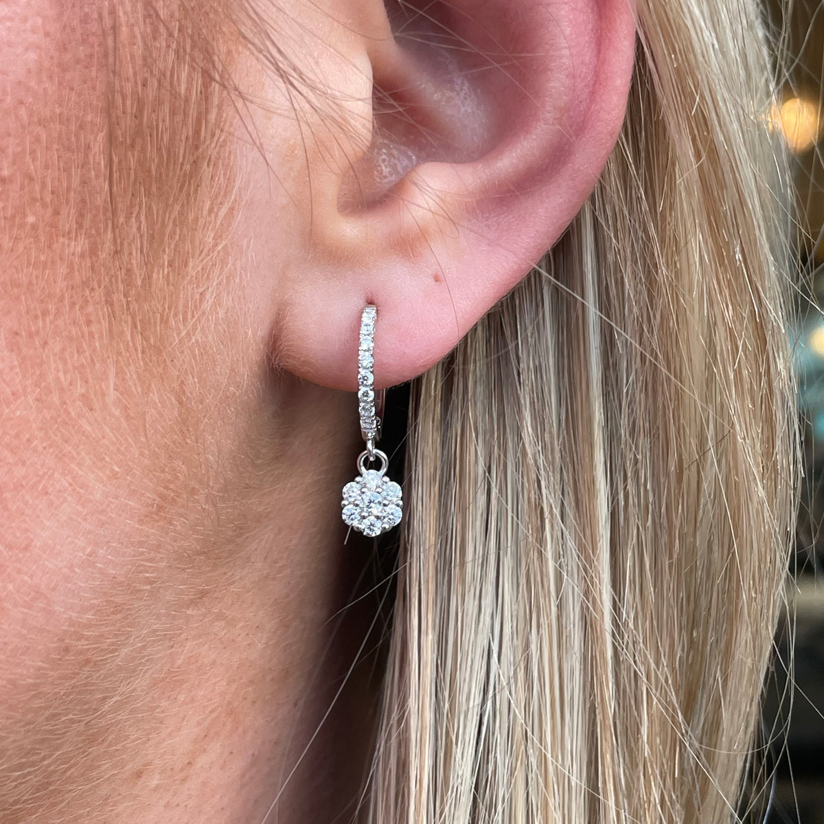 Silver CZ Cluster Drop Huggie Hoop Earrings