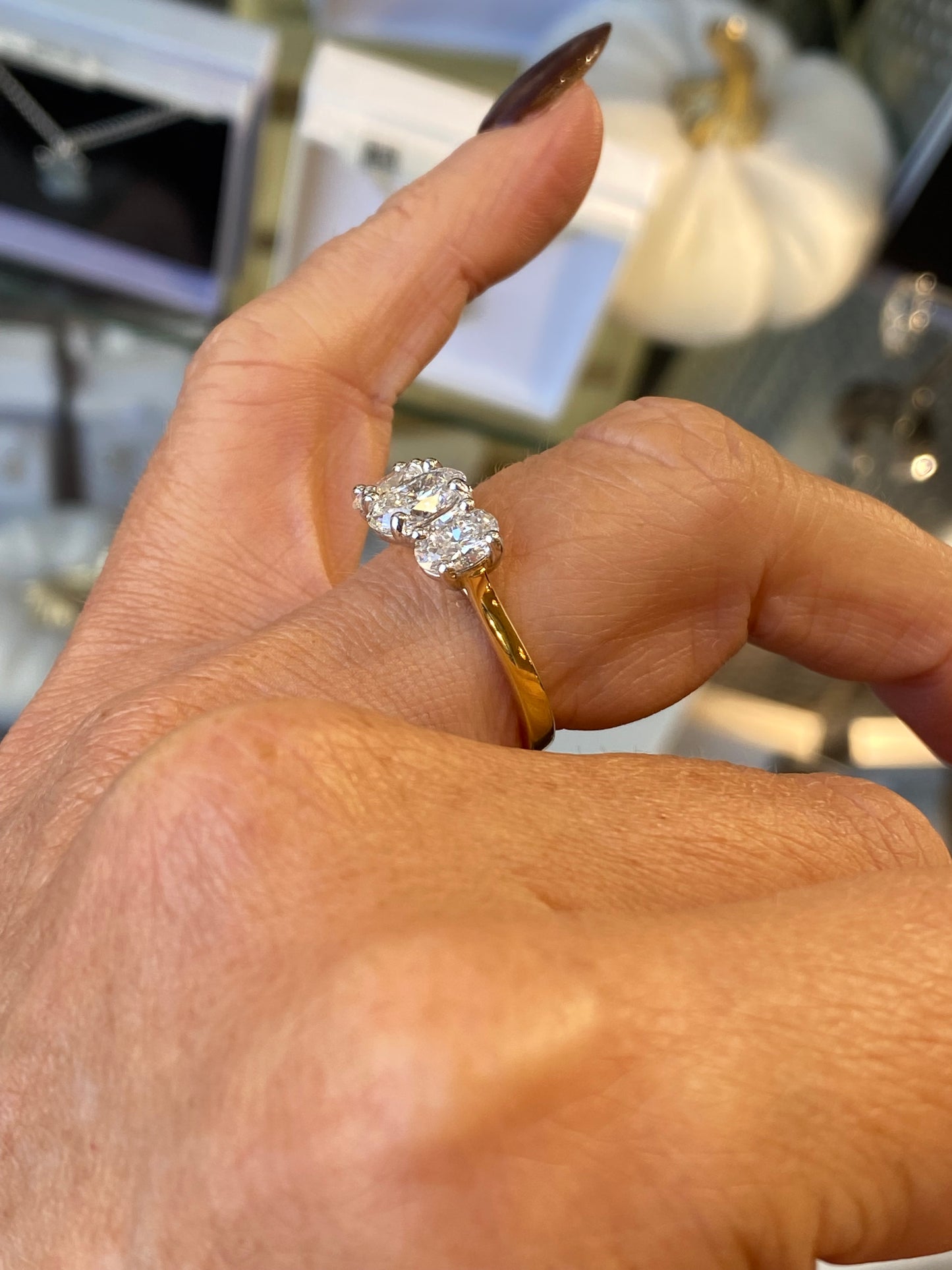 18ct Gold Oval Trilogy Engagement Ring | Certificated Lab 2.12ct - John Ross Jewellers