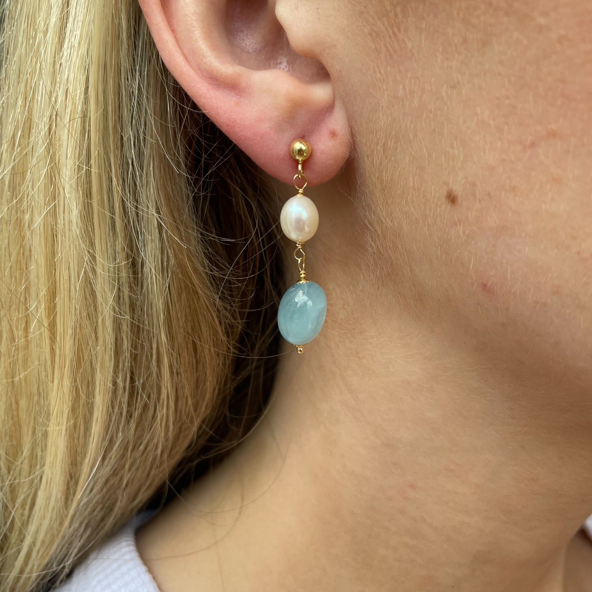 18ct Gold Silky Aquamarine & Pearl Drop Earrings - John Ross Jewellers