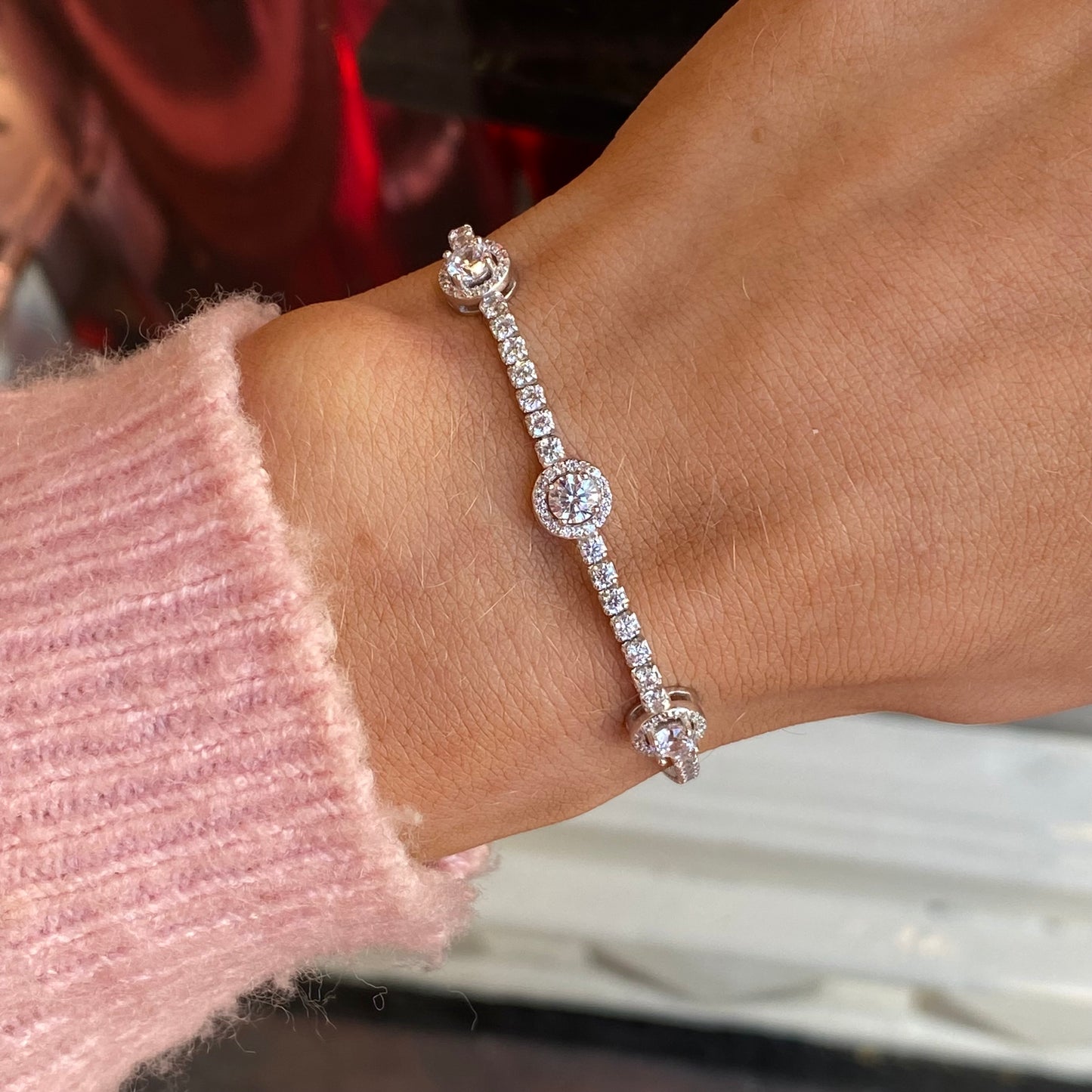 Silver CZ Halo Station Bracelet | 17cm - John Ross Jewellers