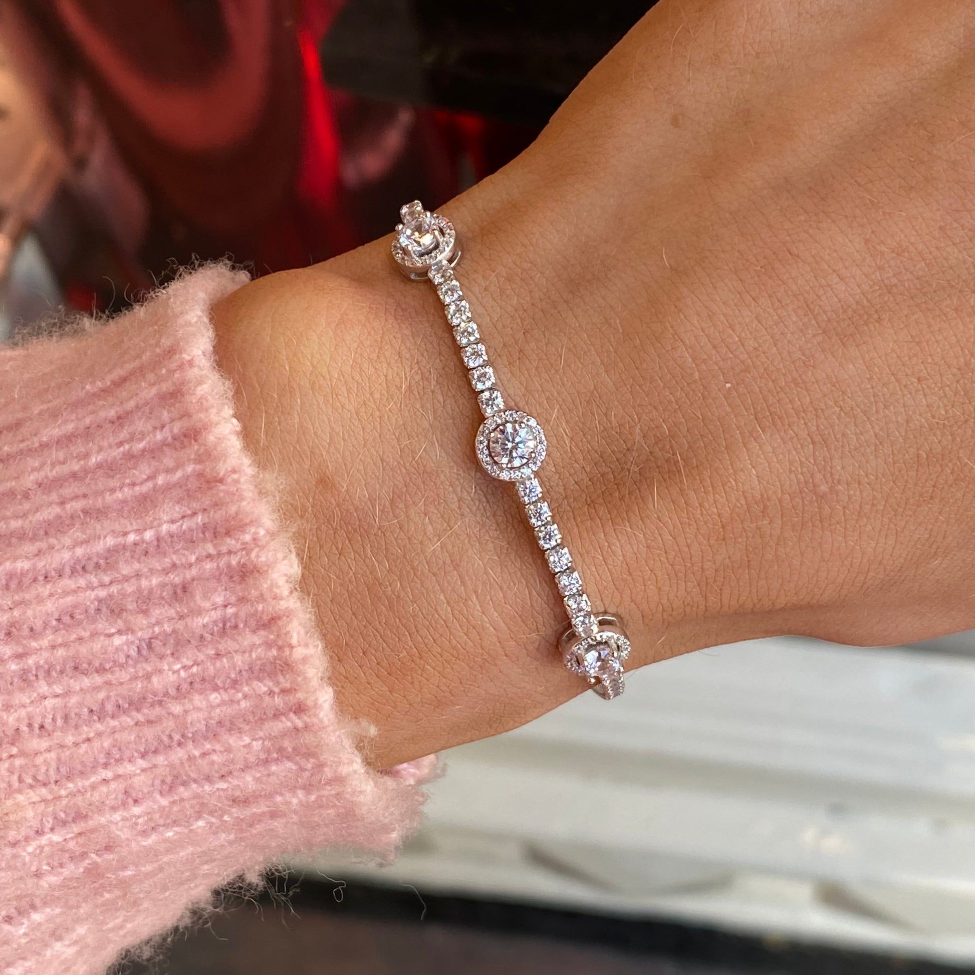 Silver CZ Halo Station Bracelet | 17cm - John Ross Jewellers
