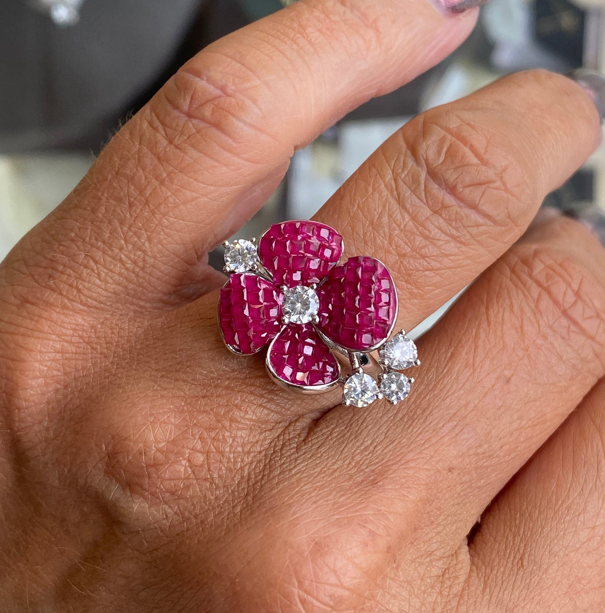 Silver Pretty Poppy Ring | Ruby Red