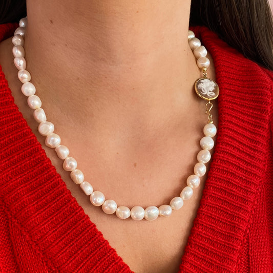 Medusa Cameo & Freshwater Pearl Necklace 10mm-12mm | 43cm