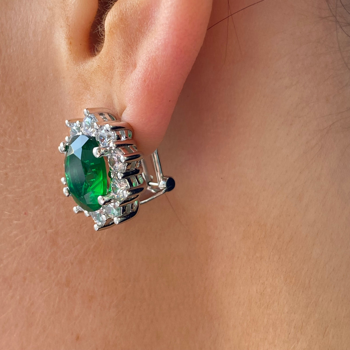 Silver Emerald Green CZ Diana Stud Earrings | 9mm